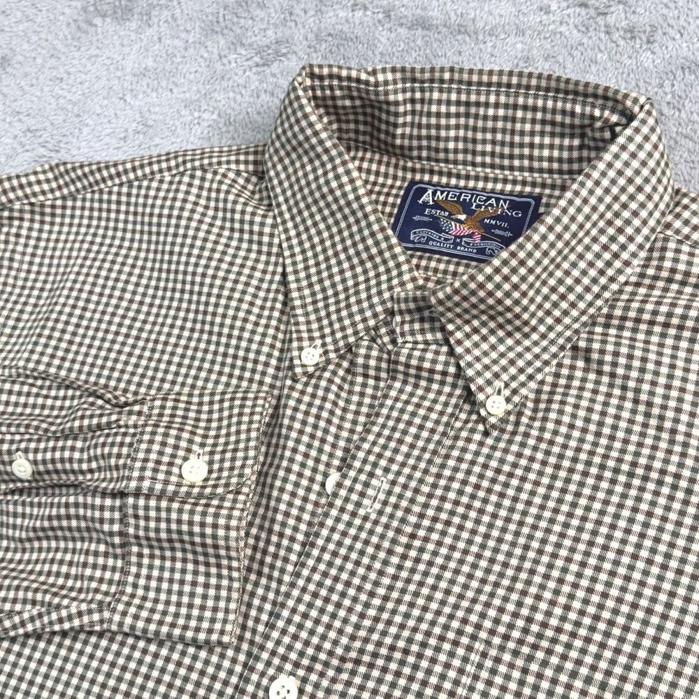 American Living Mens Brown Gingham Check Cotton Button Down Shirt Large Long Slv
